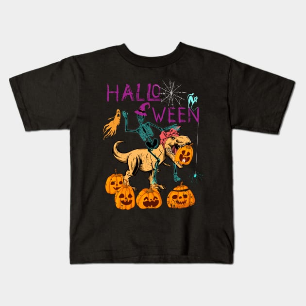 Halloween Skeleton Riding Dinosaur with Messy Bun Kids T-Shirt by alcoshirts